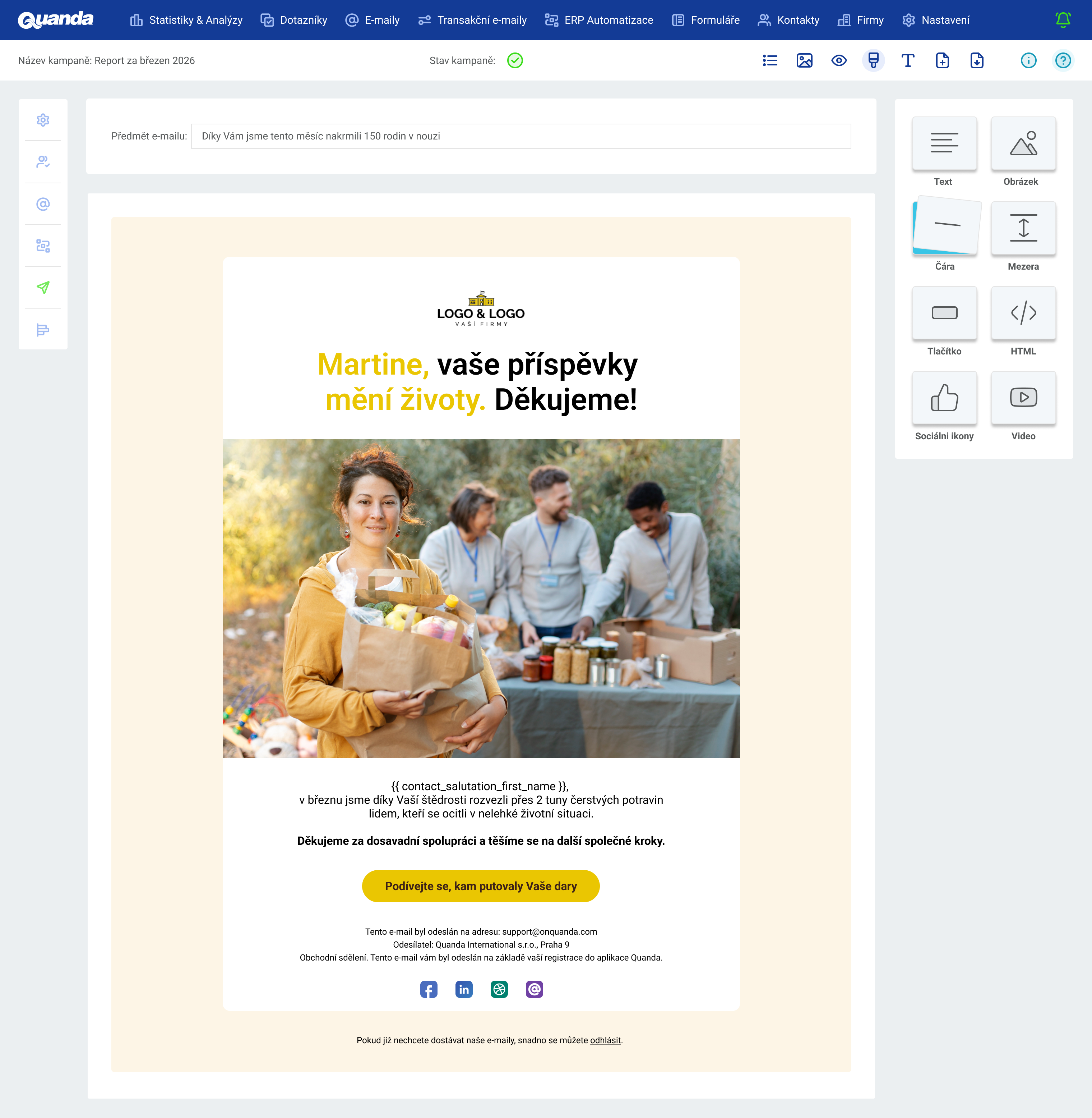 Quanda pro neziskové organizace – e-mail dárcům